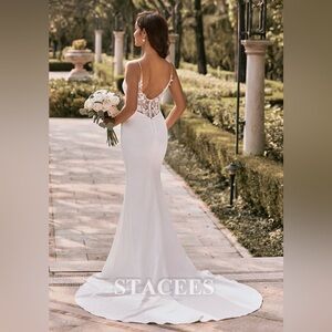 Trumpet/Mermaid V Neck Elastic Satin Train Wedding Dress with Appliques Lace NWT